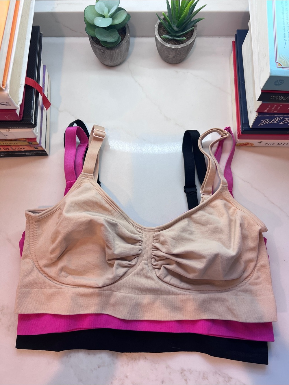 Comfort Stretch Wireless Bralette- Beige, Pink & Black Set